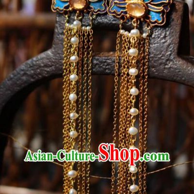 China Classical Topaz Ear Jewelry Traditional Cheongsam Blueing Pearls Tassel Earrings