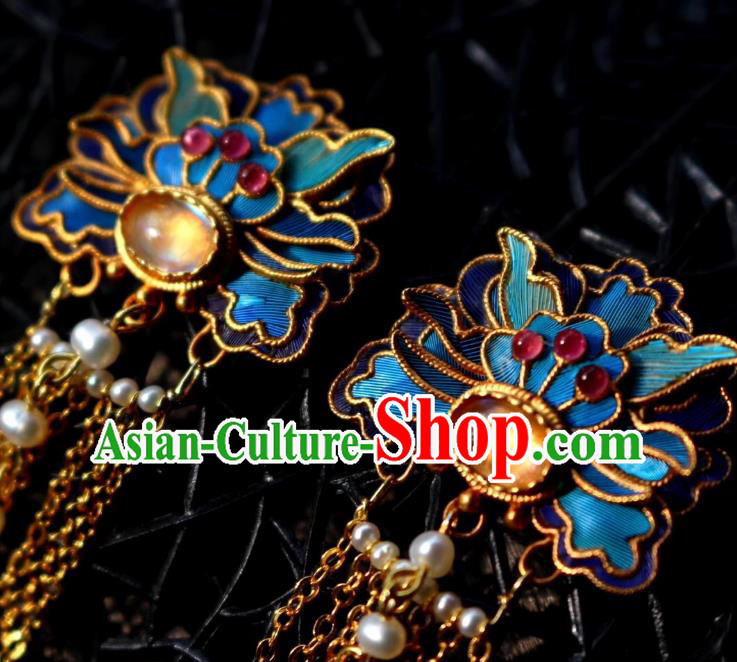 China Classical Topaz Ear Jewelry Traditional Cheongsam Blueing Pearls Tassel Earrings China Classical Topaz Ear Jewelry Traditional Cheongsam Blueing Pearls Tassel Earrings