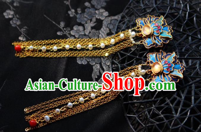China Classical Topaz Ear Jewelry Traditional Cheongsam Blueing Pearls Tassel Earrings China Classical Topaz Ear Jewelry Traditional Cheongsam Blueing Pearls Tassel Earrings