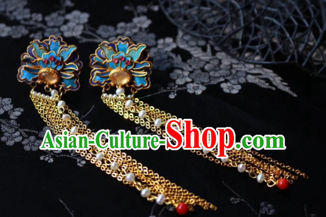 China Classical Topaz Ear Jewelry Traditional Cheongsam Blueing Pearls Tassel Earrings China Classical Topaz Ear Jewelry Traditional Cheongsam Blueing Pearls Tassel Earrings