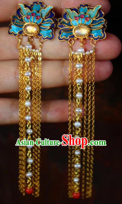 China Classical Topaz Ear Jewelry Traditional Cheongsam Blueing Pearls Tassel Earrings China Classical Topaz Ear Jewelry Traditional Cheongsam Blueing Pearls Tassel Earrings