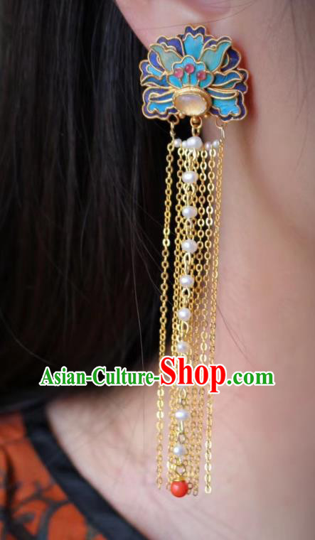 China Classical Topaz Ear Jewelry Traditional Cheongsam Blueing Pearls Tassel Earrings China Classical Topaz Ear Jewelry Traditional Cheongsam Blueing Pearls Tassel Earrings