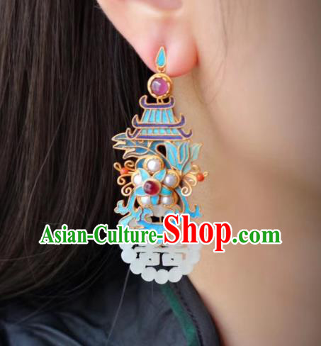 China Classical Garnet Pearls Ear Jewelry Traditional Cheongsam Wedding Jade Earrings China Classical Garnet Pearls Ear Jewelry Traditional Cheongsam Wedding Jade Earrings