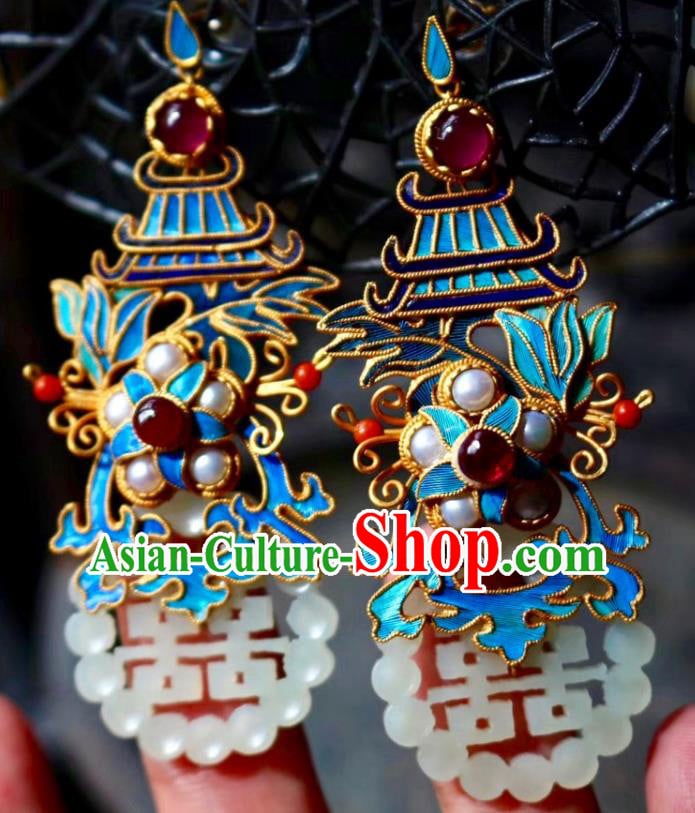 China Classical Garnet Pearls Ear Jewelry Traditional Cheongsam Wedding Jade Earrings China Classical Garnet Pearls Ear Jewelry Traditional Cheongsam Wedding Jade Earrings