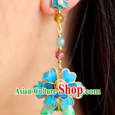 China Classical Jadeite Ear Jewelry Traditional Cheongsam Blue Flower Earrings
