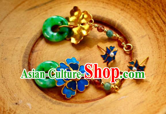 China Classical Jadeite Ear Jewelry Traditional Cheongsam Blue Flower Earrings China Classical Jadeite Ear Jewelry Traditional Cheongsam Blue Flower Earrings
