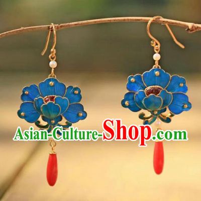Chinese Traditional Ruby Jewelry Ancient Empress Agate Ear Accessories Qing Dynasty Blue Peony Earrings