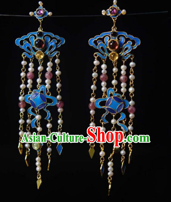 Chinese Ancient Empress Cloisonne Ear Accessories Traditional Jewelry Qing Dynasty Pearls Tassel Earrings Chinese Ancient Empress Cloisonne Ear Accessories Traditional Jewelry Qing Dynasty Pearls Tassel Earrings