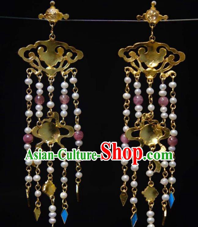 Chinese Ancient Empress Cloisonne Ear Accessories Traditional Jewelry Qing Dynasty Pearls Tassel Earrings Chinese Ancient Empress Cloisonne Ear Accessories Traditional Jewelry Qing Dynasty Pearls Tassel Earrings