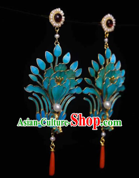 Chinese Ancient Empress Blueing Phoenix Ear Accessories Traditional Jewelry Qing Dynasty Pearls Earrings Chinese Ancient Empress Blueing Phoenix Ear Accessories Traditional Jewelry Qing Dynasty Pearls Earrings