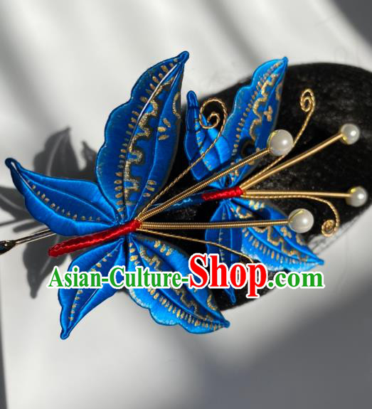 China Qing Dynasty Palace Lady Blue Butterfly Hairpin Ancient Empress Hair Stick