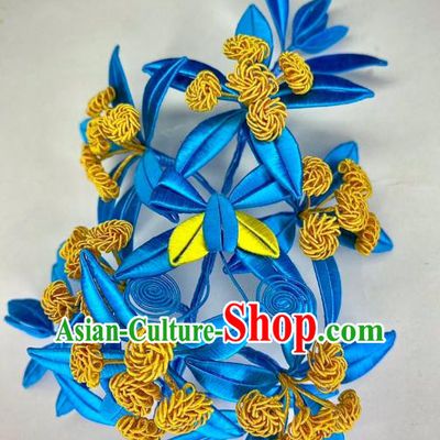 China Traditional Qing Dynasty Blue Silk Leaf Hairpin Ancient Empress Hair Comb