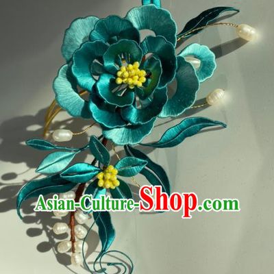 China Traditional Qing Dynasty Pearls Hairpin Ancient Empress Green Silk Rose Hair Comb
