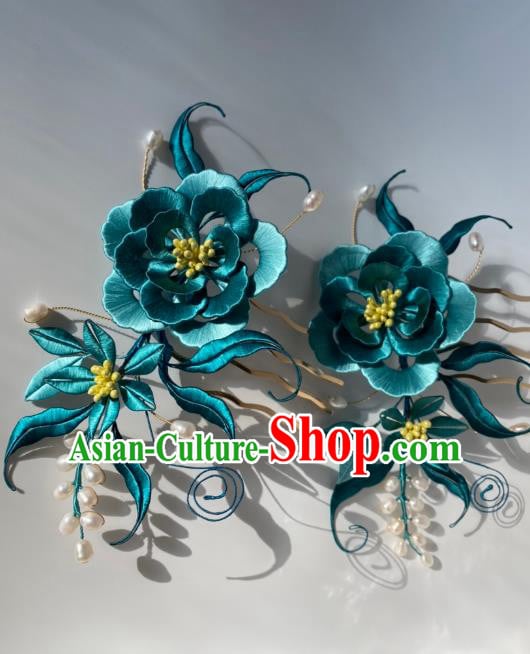 China Traditional Qing Dynasty Pearls Hairpin Ancient Empress Green Silk Rose Hair Comb China Traditional Qing Dynasty Pearls Hairpin Ancient Empress Green Silk Rose Hair Comb