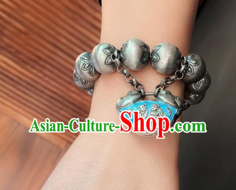 Handmade Chinese Ethnic Silver Carving Bangle Wristlet Accessories National Blueing Lock Bracelet Handmade Chinese Ethnic Silver Carving Bangle Wristlet Accessories National Blueing Lock Bracelet