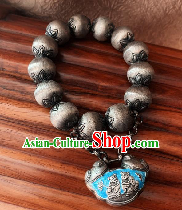 Handmade Chinese Ethnic Silver Carving Bangle Wristlet Accessories National Blueing Lock Bracelet Handmade Chinese Ethnic Silver Carving Bangle Wristlet Accessories National Blueing Lock Bracelet