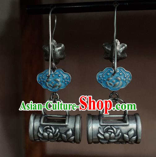 China Traditional Cheongsam Blueing Ear Accessories National Silver Carving Lotus Earrings China Traditional Cheongsam Blueing Ear Accessories National Silver Carving Lotus Earrings