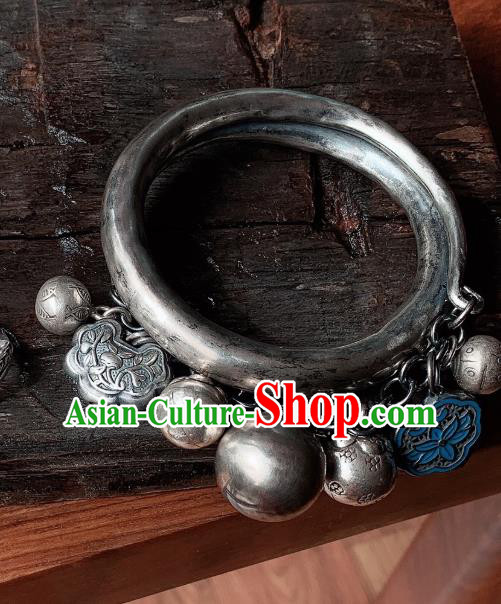 Handmade Chinese Ethnic Silver Bangle Wristlet Accessories National Blueing Lotus Bracelet Handmade Chinese Ethnic Silver Bangle Wristlet Accessories National Blueing Lotus Bracelet