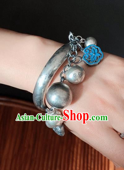 Handmade Chinese Ethnic Silver Bangle Wristlet Accessories National Blueing Lotus Bracelet Handmade Chinese Ethnic Silver Bangle Wristlet Accessories National Blueing Lotus Bracelet