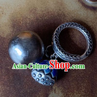 Chinese Handmade Ethnic Silver Ring National Blueing Lotus Seedpod Circlet Jewelry