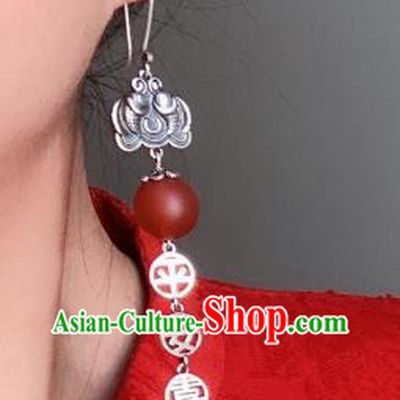 China National Agate Lantern Earrings Traditional Cheongsam Silver Carving Fish Ear Accessories