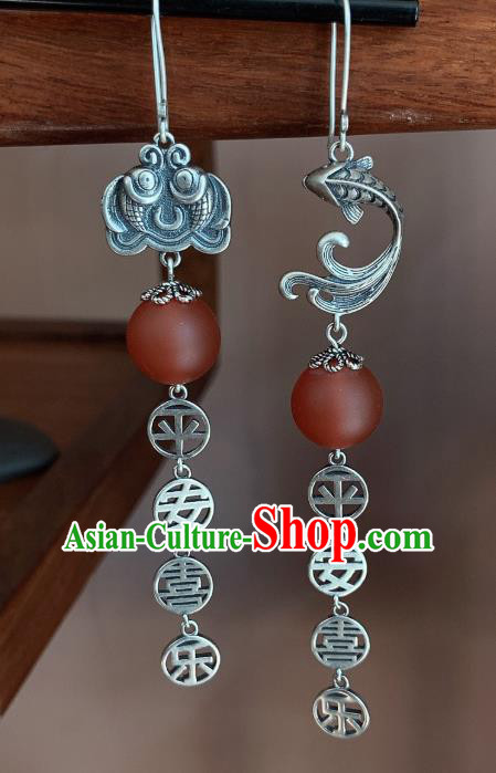 China National Agate Lantern Earrings Traditional Cheongsam Silver Carving Fish Ear Accessories China National Agate Lantern Earrings Traditional Cheongsam Silver Carving Fish Ear Accessories