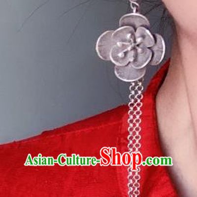 China National Silver Carving Flower Earrings Traditional Cheongsam Long Tassel Ear Accessories