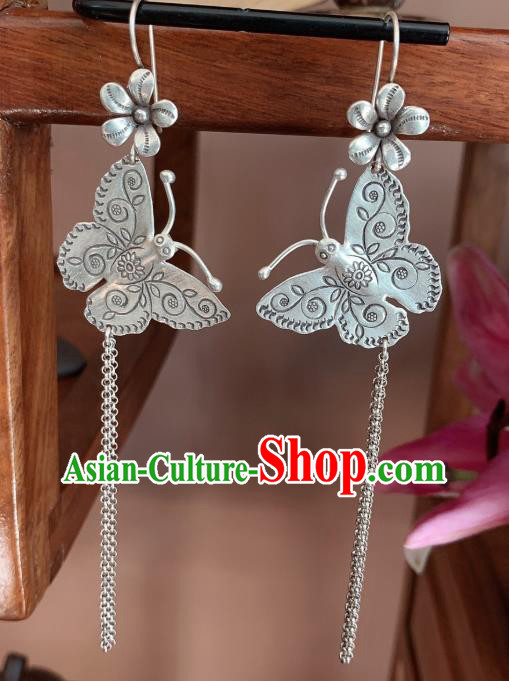 China Traditional Cheongsam Long Tassel Ear Accessories National Silver Carving Butterfly Earrings China Traditional Cheongsam Long Tassel Ear Accessories National Silver Carving Butterfly Earrings