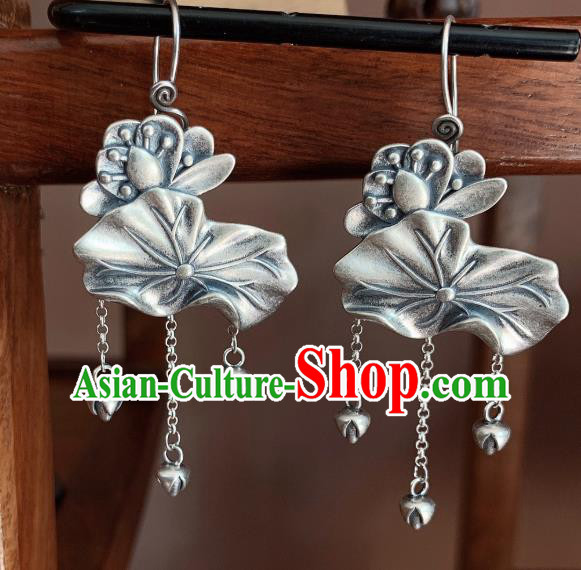 China Traditional Cheongsam Ear Accessories National Silver Carving Lotus Earrings China Traditional Cheongsam Ear Accessories National Silver Carving Lotus Earrings