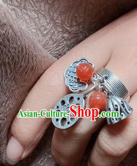 Chinese Handmade Ethnic Agate Lotus Ring National Silver Carving Circlet Jewelry Chinese Handmade Ethnic Agate Lotus Ring National Silver Carving Circlet Jewelry