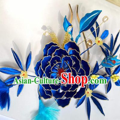 China Traditional Qing Dynasty Royalblue Silk Peony Hairpin Ancient Imperial Consort Pearls Hair Stick