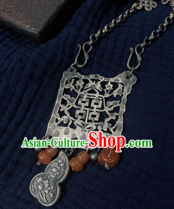 Handmade Chinese Agate Gourd Necklace Accessories National Wedding Silver Carving Necklet Handmade Chinese Agate Gourd Necklace Accessories National Wedding Silver Carving Necklet
