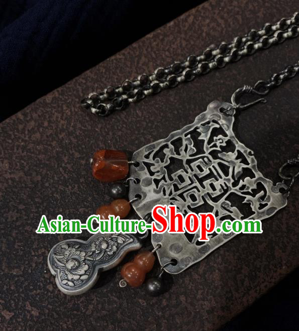 Handmade Chinese Agate Gourd Necklace Accessories National Wedding Silver Carving Necklet Handmade Chinese Agate Gourd Necklace Accessories National Wedding Silver Carving Necklet