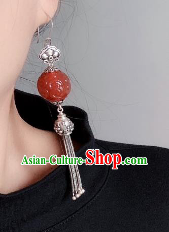China Traditional Cheongsam Agate Carving Ear Accessories National Silver Tassel Earrings China Traditional Cheongsam Agate Carving Ear Accessories National Silver Tassel Earrings