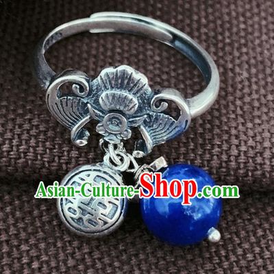 Chinese National Wedding Silver Carving Bat Circlet Jewelry Handmade Ethnic Lapis Ring