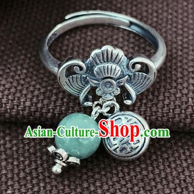 Chinese National Silver Carving Bat Circlet Jewelry Handmade Ethnic Jadeite Ring