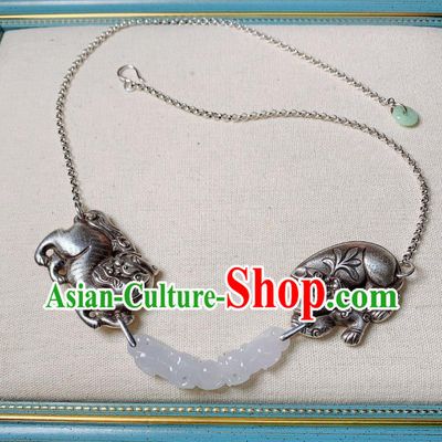 Handmade Chinese Silver Necklet Accessories National White Jade Necklace