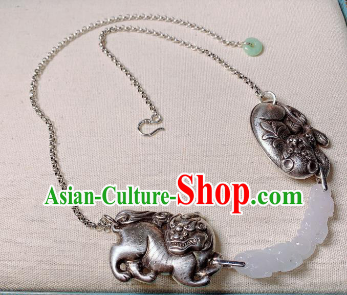 Handmade Chinese Silver Necklet Accessories National White Jade Necklace