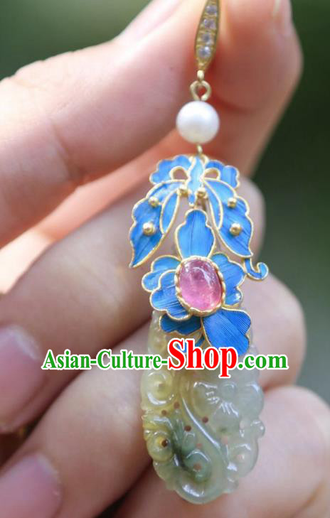 Chinese Ancient Qing Dynasty Court Jade Ear Accessories Handmade Traditional Tourmaline Earrings Jewelry Chinese Ancient Qing Dynasty Court Jade Ear Accessories Handmade Traditional Tourmaline Earrings Jewelry