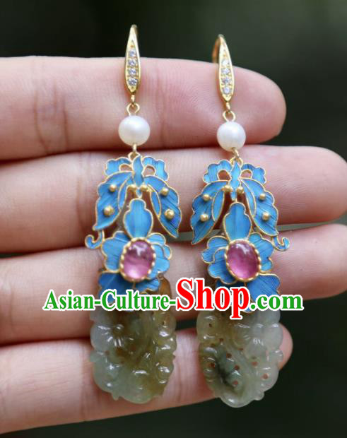 Chinese Ancient Qing Dynasty Court Jade Ear Accessories Handmade Traditional Tourmaline Earrings Jewelry Chinese Ancient Qing Dynasty Court Jade Ear Accessories Handmade Traditional Tourmaline Earrings Jewelry