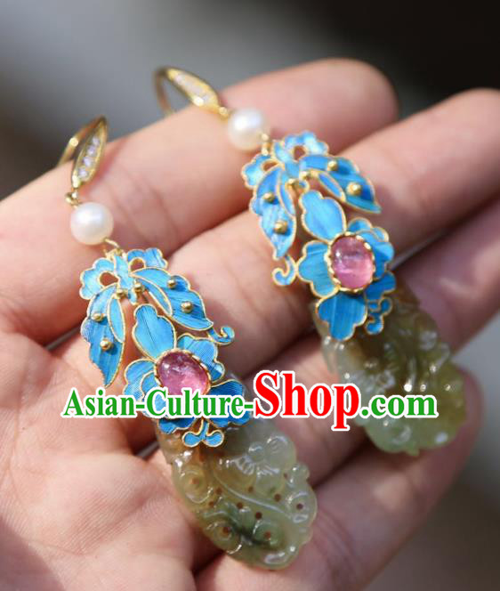 Chinese Ancient Qing Dynasty Court Jade Ear Accessories Handmade Traditional Tourmaline Earrings Jewelry Chinese Ancient Qing Dynasty Court Jade Ear Accessories Handmade Traditional Tourmaline Earrings Jewelry