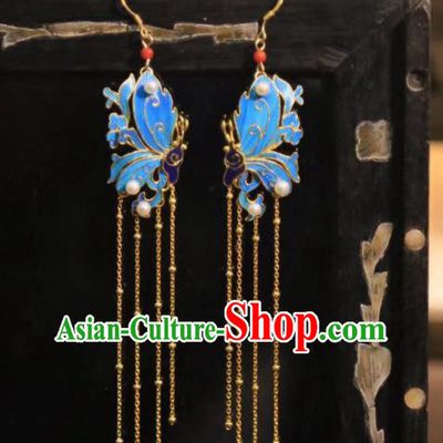 Chinese Handmade Traditional Golden Tassel Earrings Jewelry Ancient Qing Dynasty Court Cloisonne Butterfly Ear Accessories