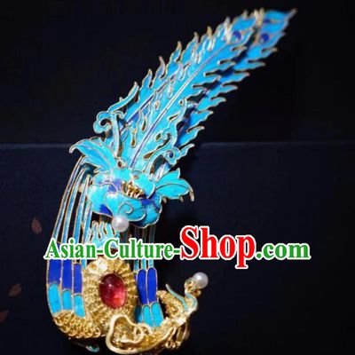 Chinese Ancient Empress Cloisonne Phoenix Hair Stick Traditional Hair Jewelry Qing Dynasty Filigree Hairpin
