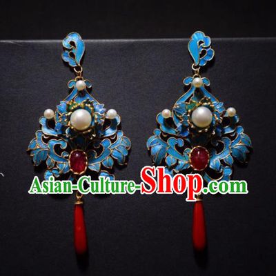 Chinese Traditional Pearls Earrings Jewelry Ancient Qing Dynasty Agate Ear Accessories