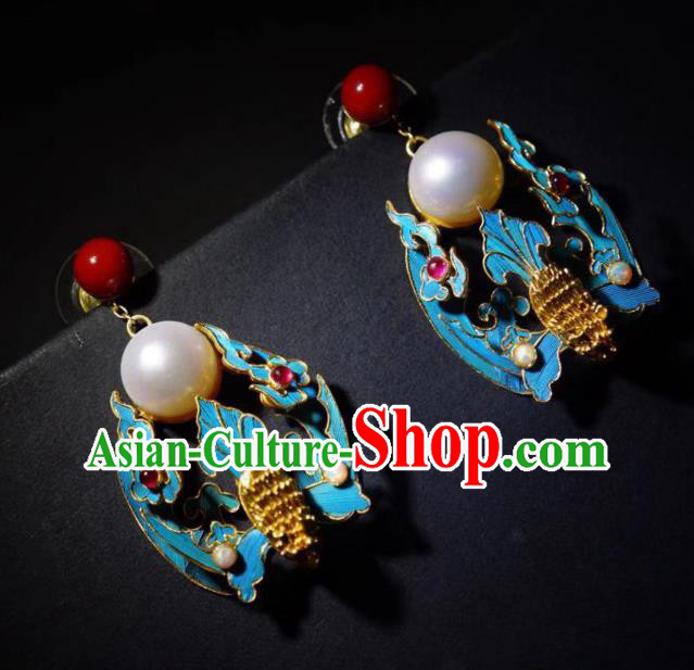 Chinese Ancient Qing Dynasty Filigree Bat Ear Accessories Traditional Culture Jewelry Pearl Earrings Chinese Ancient Qing Dynasty Filigree Bat Ear Accessories Traditional Culture Jewelry Pearl Earrings