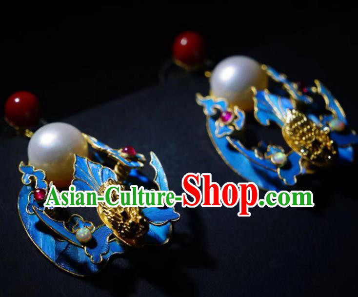 Chinese Ancient Qing Dynasty Filigree Bat Ear Accessories Traditional Culture Jewelry Pearl Earrings Chinese Ancient Qing Dynasty Filigree Bat Ear Accessories Traditional Culture Jewelry Pearl Earrings