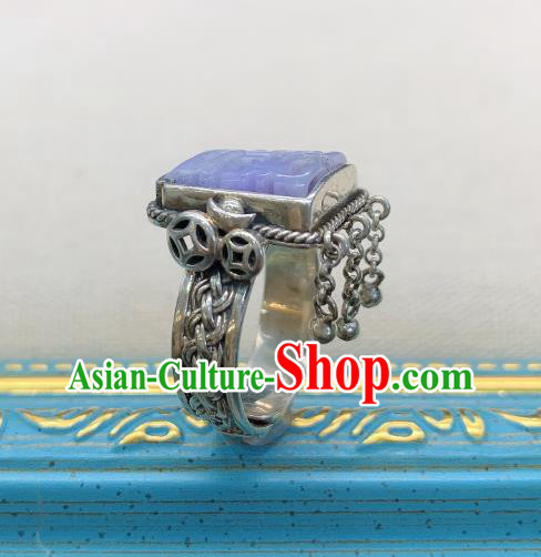 Chinese Handmade Ethnic Silver Ring National Wedding Purple Jade Circlet Jewelry Chinese Handmade Ethnic Silver Ring National Wedding Purple Jade Circlet Jewelry