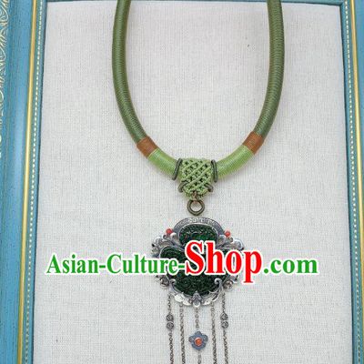 Handmade Chinese Jadeite Necklace Accessories National Silver Tassel Necklet Pendant