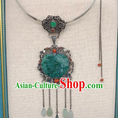 Handmade Chinese National Silver Tassel Necklet Pendant Jadeite Necklace Accessories