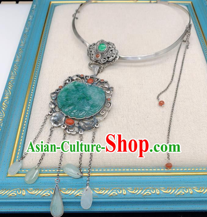 Handmade Chinese National Silver Tassel Necklet Pendant Jadeite Necklace Accessories Handmade Chinese National Silver Tassel Necklet Pendant Jadeite Necklace Accessories